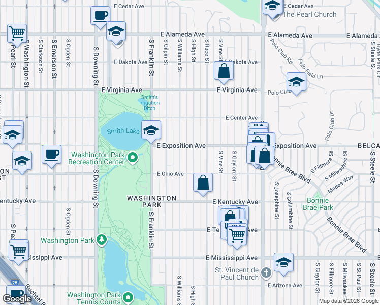 map of restaurants, bars, coffee shops, grocery stores, and more near 711 South High Street in Denver