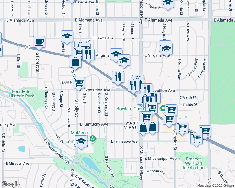 map of restaurants, bars, coffee shops, grocery stores, and more near 710 South Krameria Street in Denver