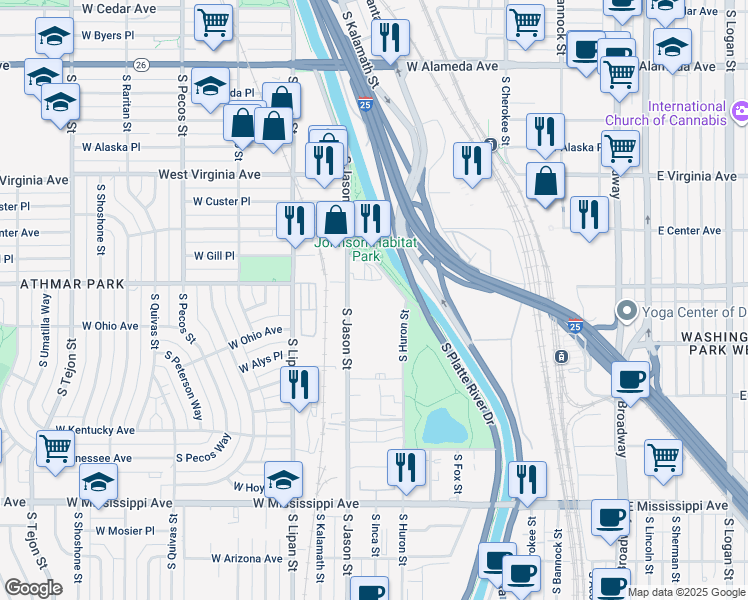 map of restaurants, bars, coffee shops, grocery stores, and more near 730 South Jason Street in Denver