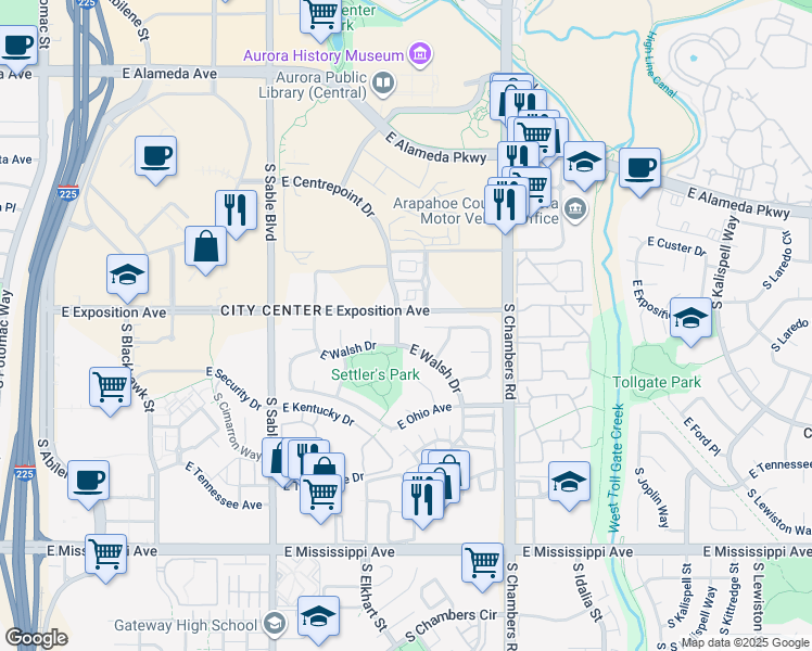 map of restaurants, bars, coffee shops, grocery stores, and more near 716 South Evanston Street in Aurora