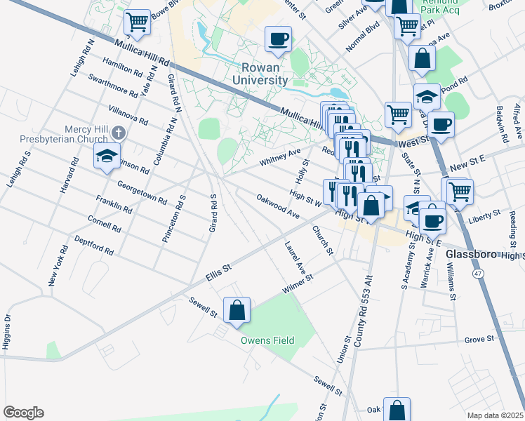 map of restaurants, bars, coffee shops, grocery stores, and more near 218 Laurel Avenue in Glassboro