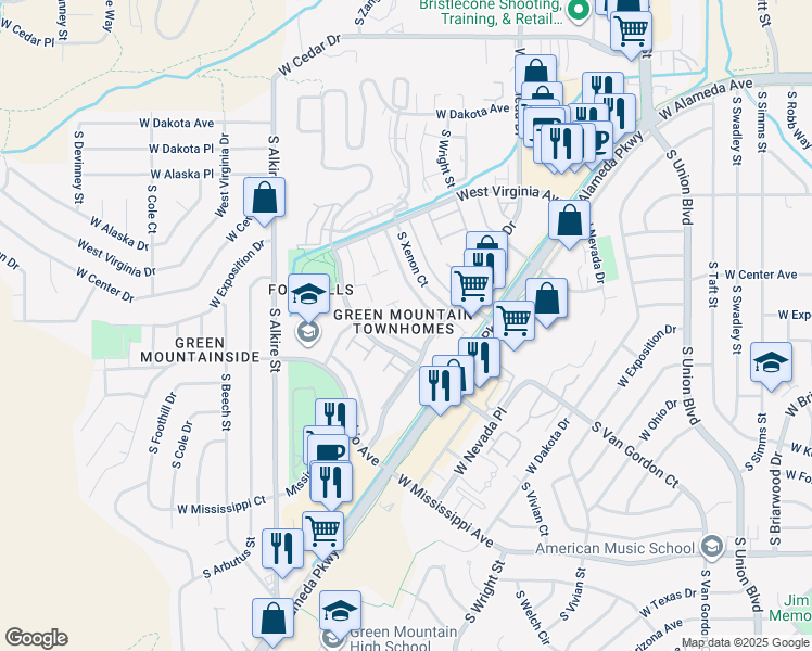 map of restaurants, bars, coffee shops, grocery stores, and more near 12815 West Alameda Drive in Lakewood