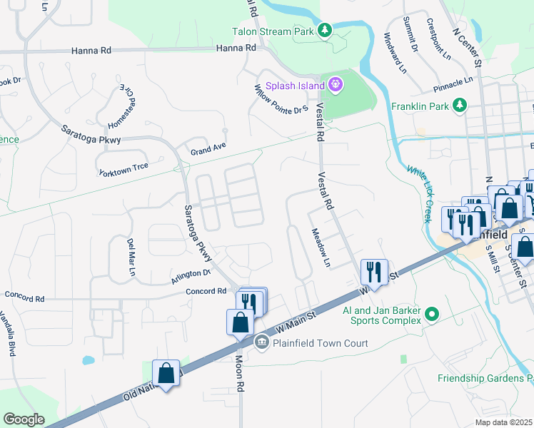 map of restaurants, bars, coffee shops, grocery stores, and more near 4523 Redcliff South Lane in Plainfield