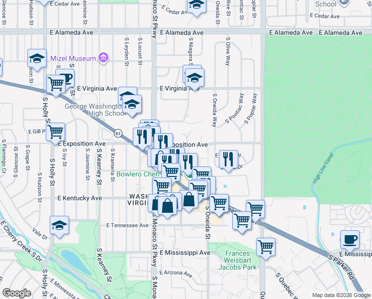 map of restaurants, bars, coffee shops, grocery stores, and more near 6762 East Exposition Avenue in Denver