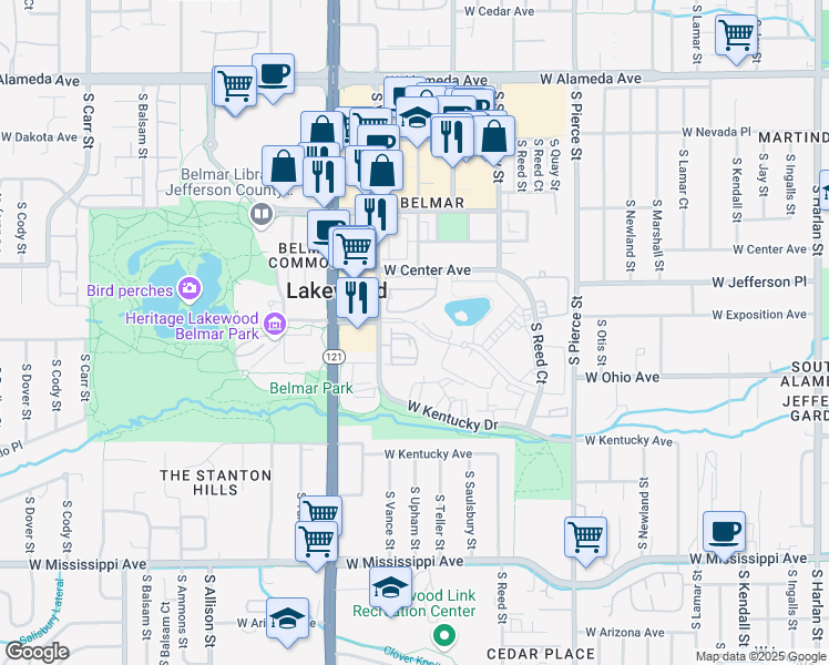 map of restaurants, bars, coffee shops, grocery stores, and more near 816 South Vance Street in Lakewood