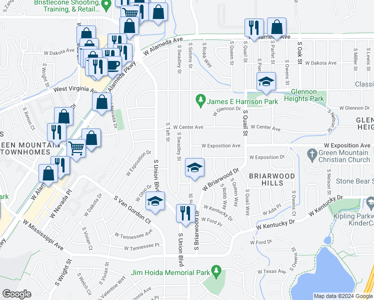 map of restaurants, bars, coffee shops, grocery stores, and more near 681 South Simms Street in Lakewood