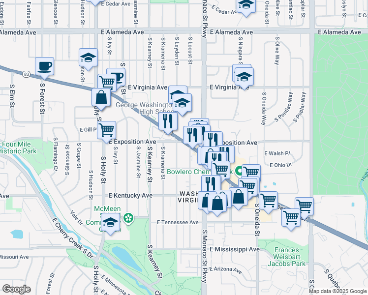 map of restaurants, bars, coffee shops, grocery stores, and more near 6336 Leetsdale Drive in Denver
