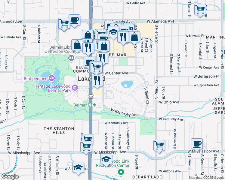 map of restaurants, bars, coffee shops, grocery stores, and more near 816 South Vance Street in Lakewood