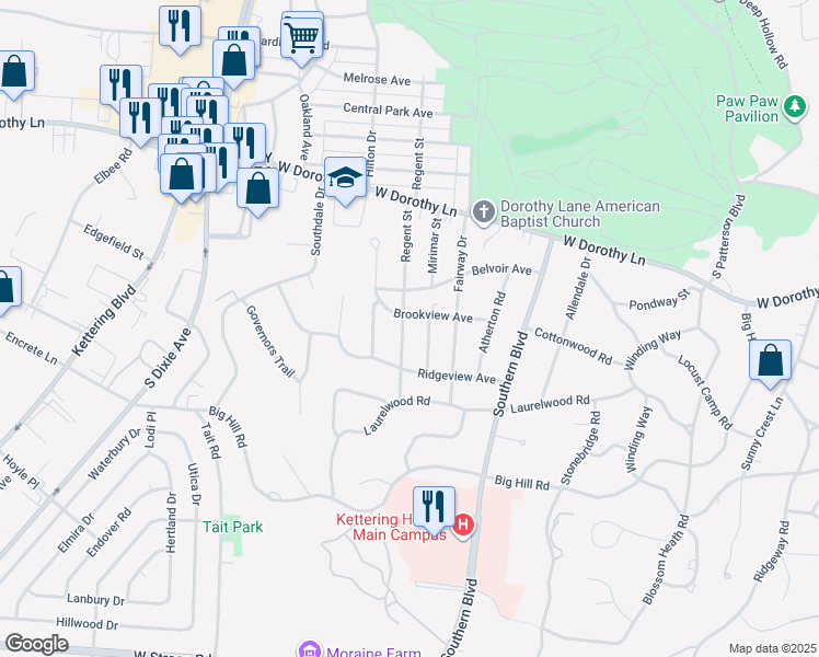 map of restaurants, bars, coffee shops, grocery stores, and more near 3210 Regent Street in Dayton