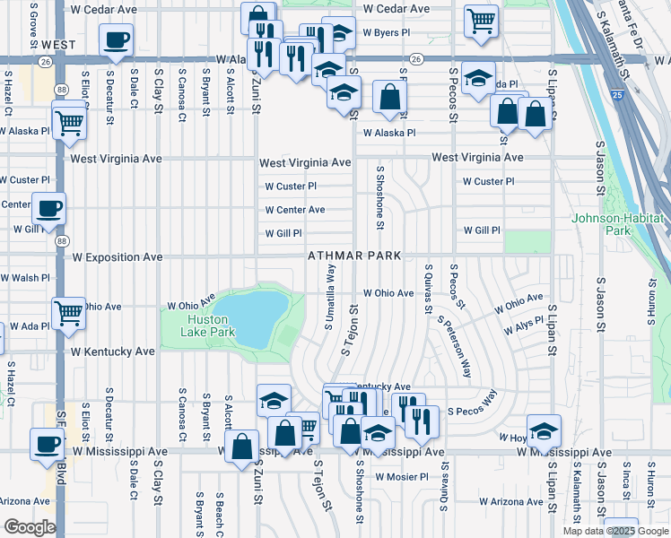map of restaurants, bars, coffee shops, grocery stores, and more near 720 South Umatilla Way in Denver