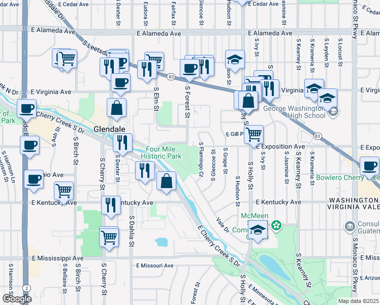 map of restaurants, bars, coffee shops, grocery stores, and more near 715 South Forest Street in Denver
