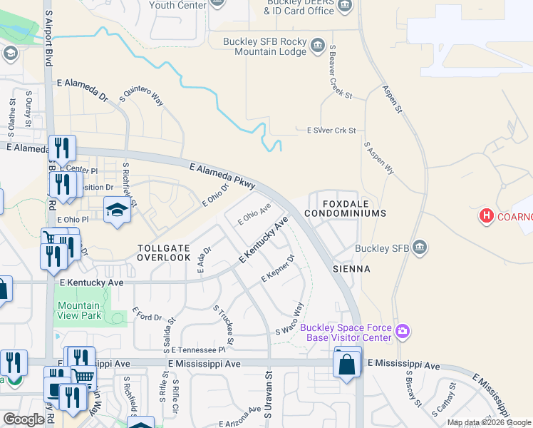map of restaurants, bars, coffee shops, grocery stores, and more near 18106 East Ohio Avenue in Aurora