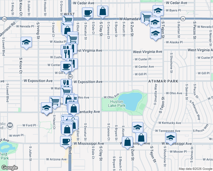 map of restaurants, bars, coffee shops, grocery stores, and more near 725 South Canosa Court in Denver