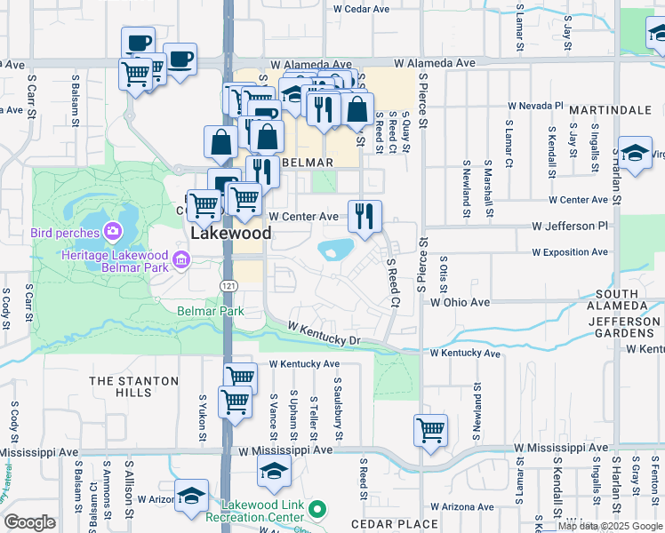 map of restaurants, bars, coffee shops, grocery stores, and more near 7301 West Ohio Avenue in Lakewood