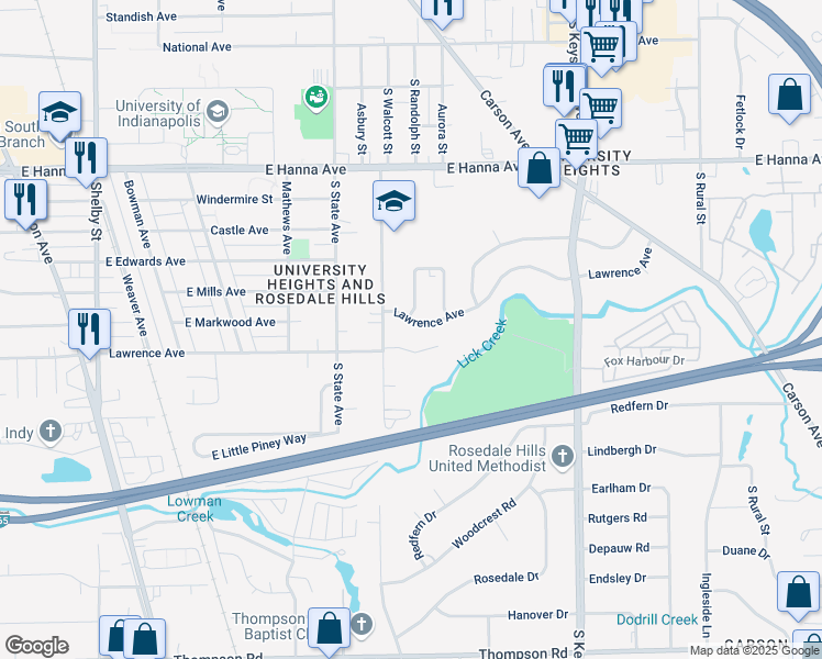 map of restaurants, bars, coffee shops, grocery stores, and more near 1901 Lawrence Avenue in Indianapolis
