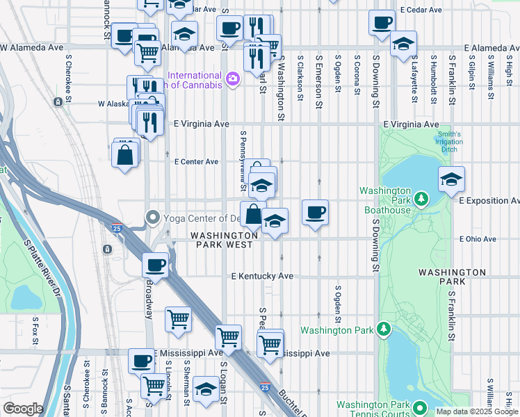 map of restaurants, bars, coffee shops, grocery stores, and more near 710 South Pennsylvania Street in Denver