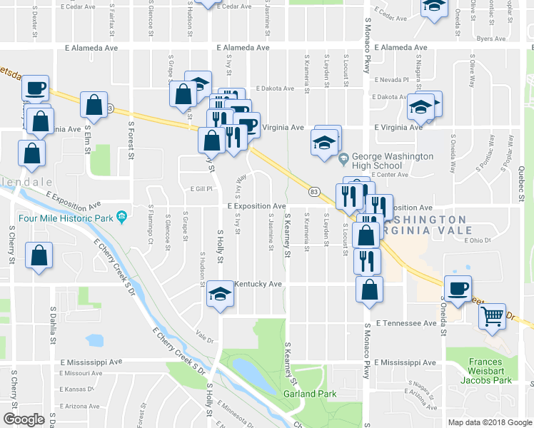 map of restaurants, bars, coffee shops, grocery stores, and more near 717 South Jasmine Street in Denver