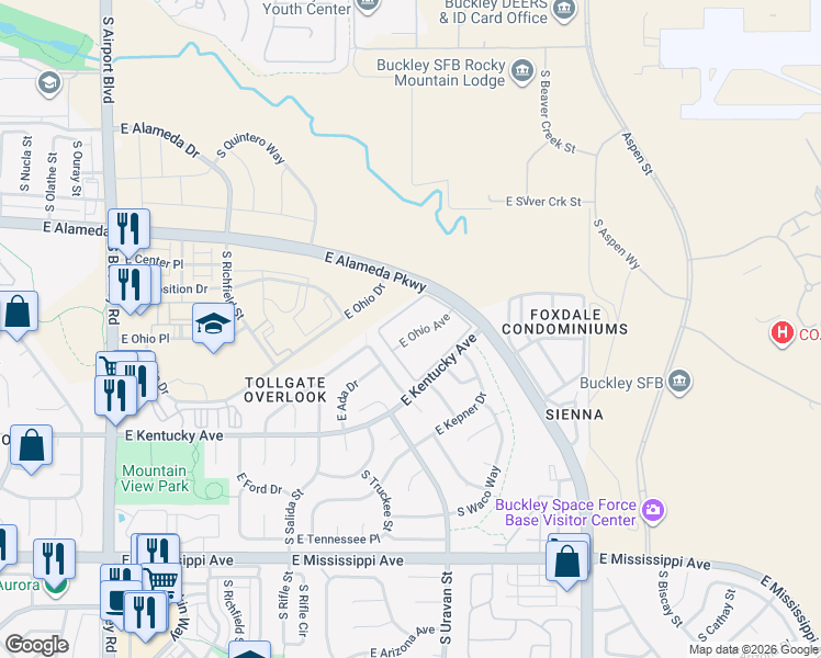 map of restaurants, bars, coffee shops, grocery stores, and more near 18053 East Ohio Avenue in Aurora
