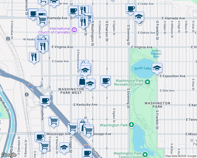 map of restaurants, bars, coffee shops, grocery stores, and more near 722 South Washington Street in Denver