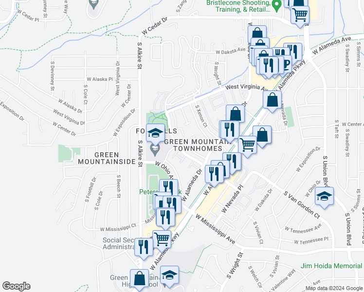 map of restaurants, bars, coffee shops, grocery stores, and more near 676 South Youngfield Court in Lakewood