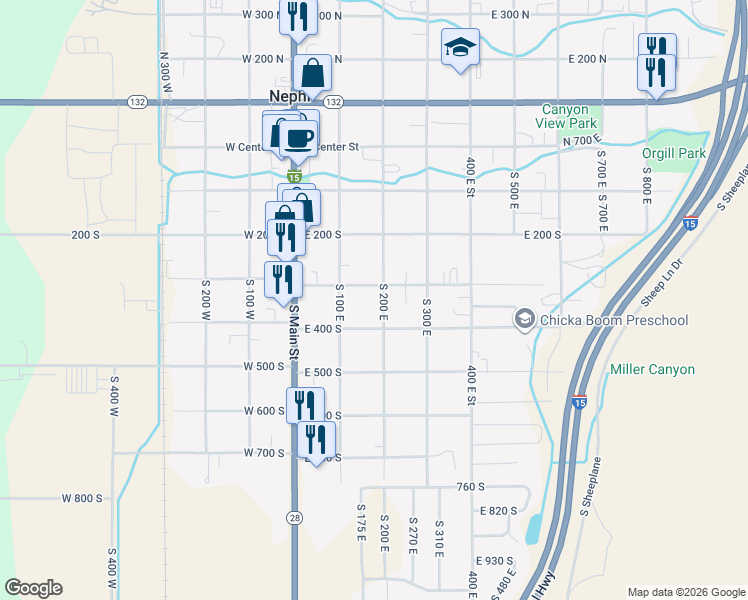 map of restaurants, bars, coffee shops, grocery stores, and more near 330 S 200 E in Nephi