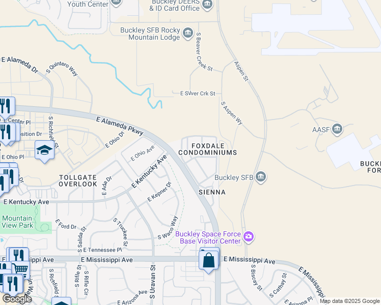 map of restaurants, bars, coffee shops, grocery stores, and more near 908 South Walden Way in Aurora