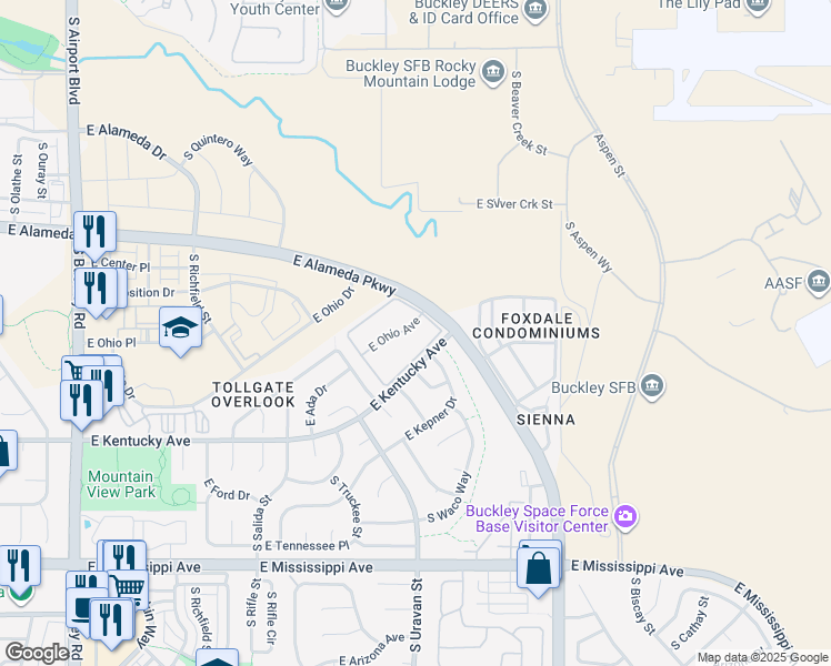 map of restaurants, bars, coffee shops, grocery stores, and more near 18106 East Ohio Avenue in Aurora