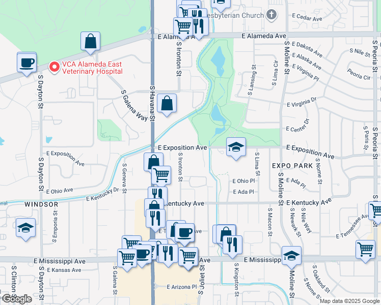 map of restaurants, bars, coffee shops, grocery stores, and more near 10702 South Ironton Street in Aurora