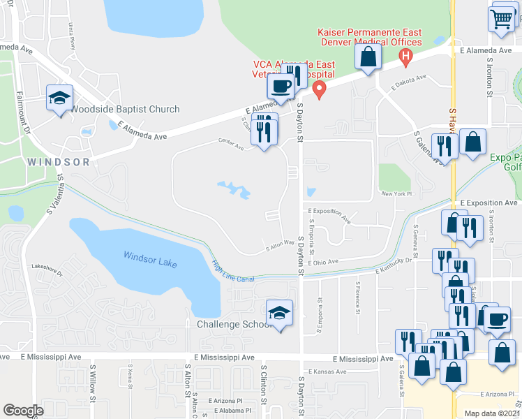 map of restaurants, bars, coffee shops, grocery stores, and more near 665 South Clinton Street in Denver