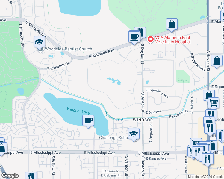 map of restaurants, bars, coffee shops, grocery stores, and more near 690 South Alton Way in Denver