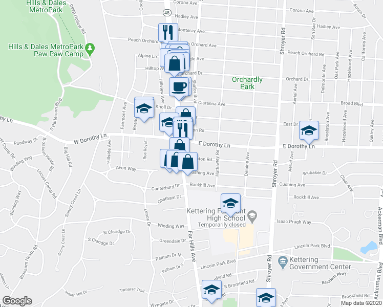 map of restaurants, bars, coffee shops, grocery stores, and more near 101 Lewiston Road in Dayton