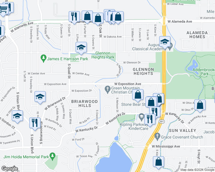 map of restaurants, bars, coffee shops, grocery stores, and more near 10710 West Exposition Drive in Lakewood