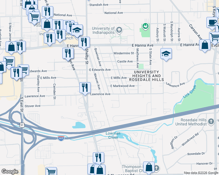 map of restaurants, bars, coffee shops, grocery stores, and more near 4251 Bowman Avenue in Indianapolis