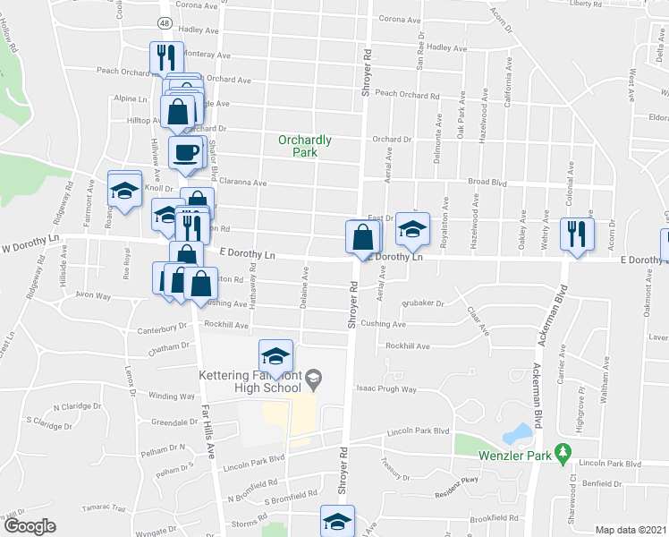 map of restaurants, bars, coffee shops, grocery stores, and more near 424 East Dorothy Lane in Dayton