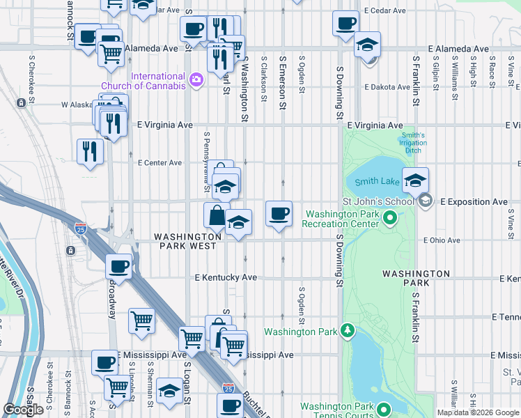 map of restaurants, bars, coffee shops, grocery stores, and more near 722 South Washington Street in Denver