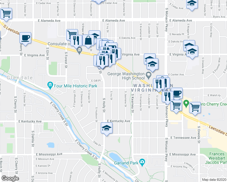 map of restaurants, bars, coffee shops, grocery stores, and more near 714 South Ivy Street in Denver