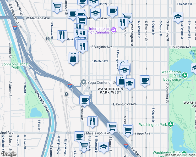 map of restaurants, bars, coffee shops, grocery stores, and more near 712 South Sherman Street in Denver