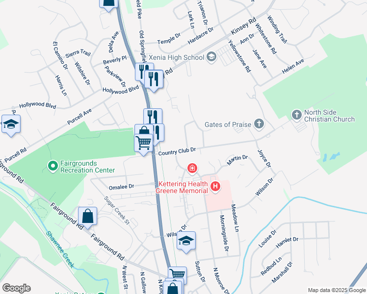 map of restaurants, bars, coffee shops, grocery stores, and more near 1440 Pavey Place in Xenia