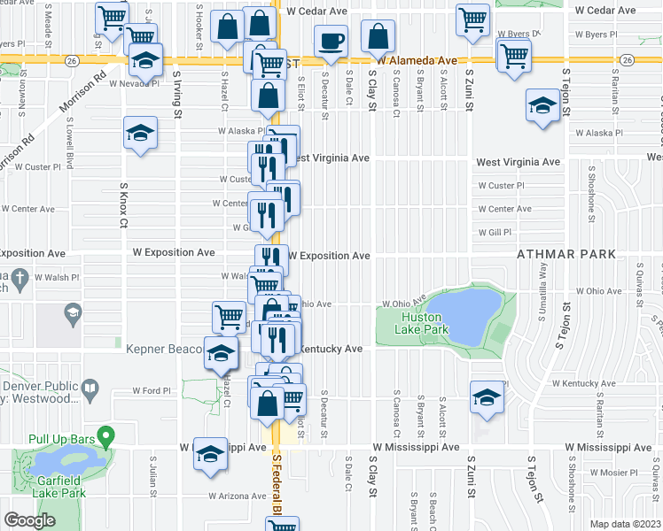 map of restaurants, bars, coffee shops, grocery stores, and more near 710 South Decatur Street in Denver