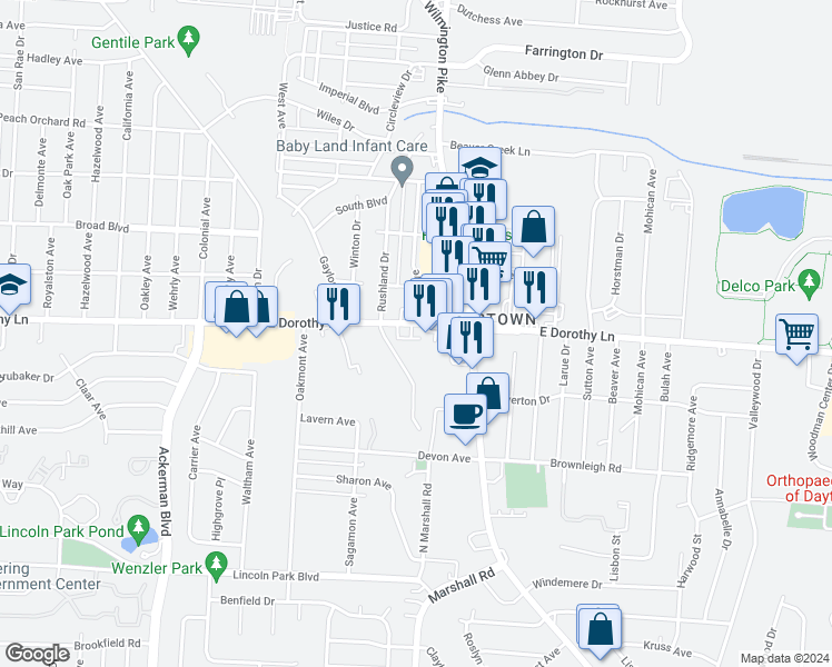 map of restaurants, bars, coffee shops, grocery stores, and more near 1220 East Dorothy Lane in Kettering