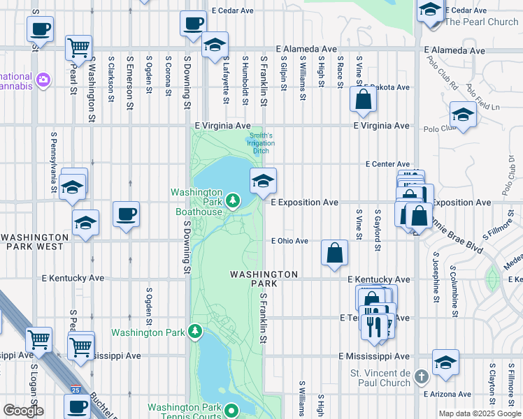 map of restaurants, bars, coffee shops, grocery stores, and more near 715 South Franklin Street in Denver
