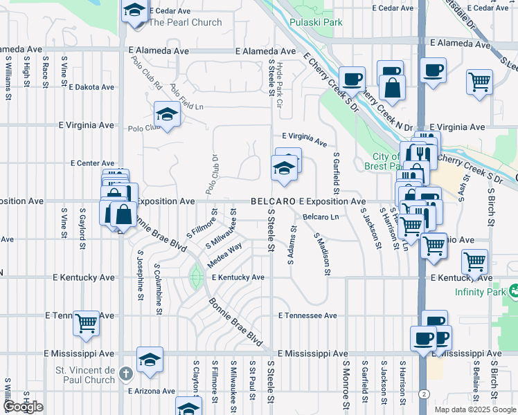 map of restaurants, bars, coffee shops, grocery stores, and more near in Denver