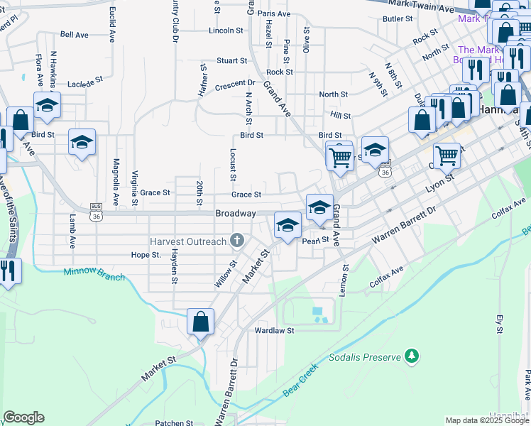 map of restaurants, bars, coffee shops, grocery stores, and more near 100 Dowling Street in Hannibal