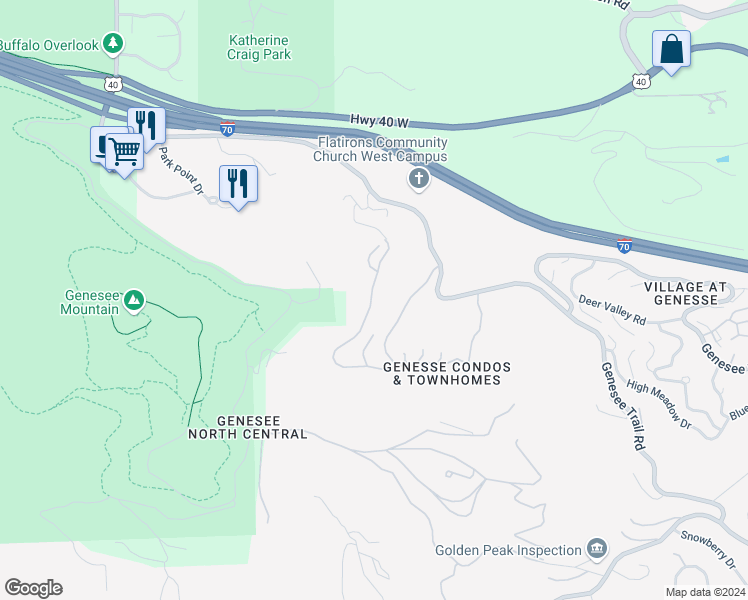 map of restaurants, bars, coffee shops, grocery stores, and more near 666 Ridgeside Drive in Golden