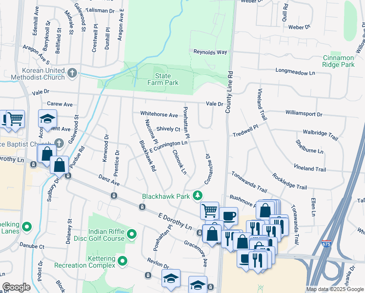 map of restaurants, bars, coffee shops, grocery stores, and more near 2944 East Cunnington Lane in Dayton