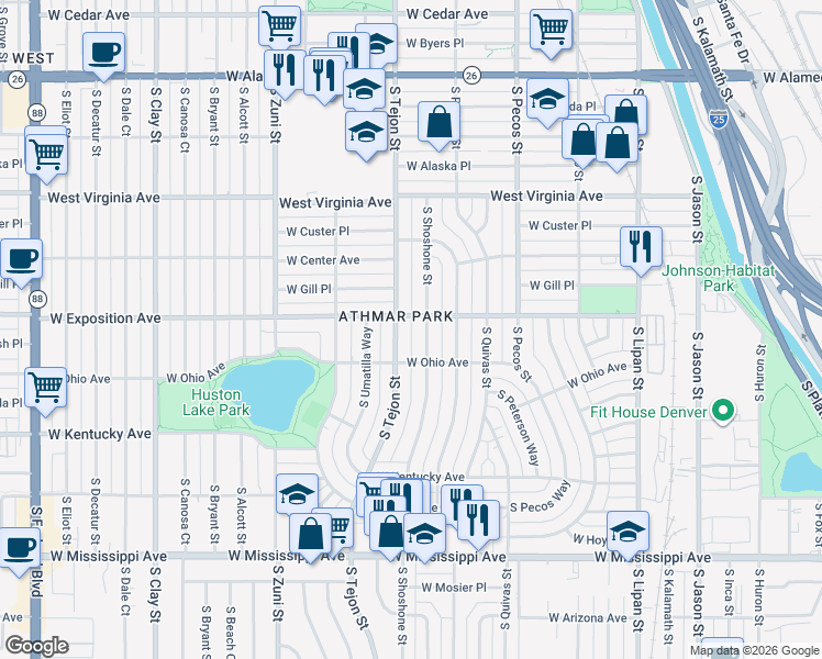 map of restaurants, bars, coffee shops, grocery stores, and more near in Denver
