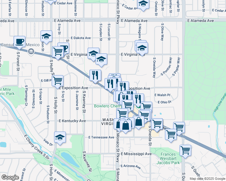 map of restaurants, bars, coffee shops, grocery stores, and more near in Denver