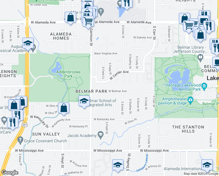 map of restaurants, bars, coffee shops, grocery stores, and more near 8955 West Belmar Avenue in Lakewood