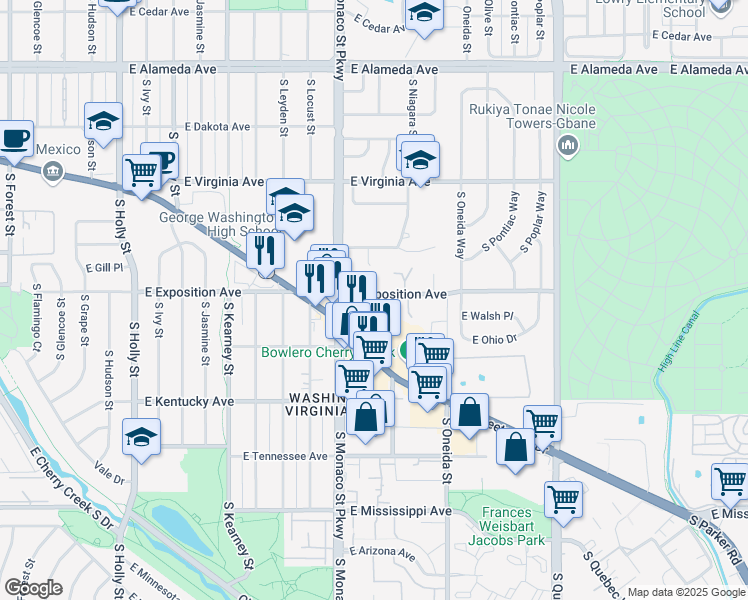 map of restaurants, bars, coffee shops, grocery stores, and more near 6630 East Exposition Avenue in Denver