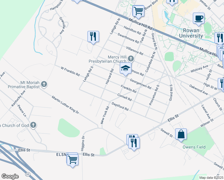 map of restaurants, bars, coffee shops, grocery stores, and more near 313 Cornell Road in Glassboro